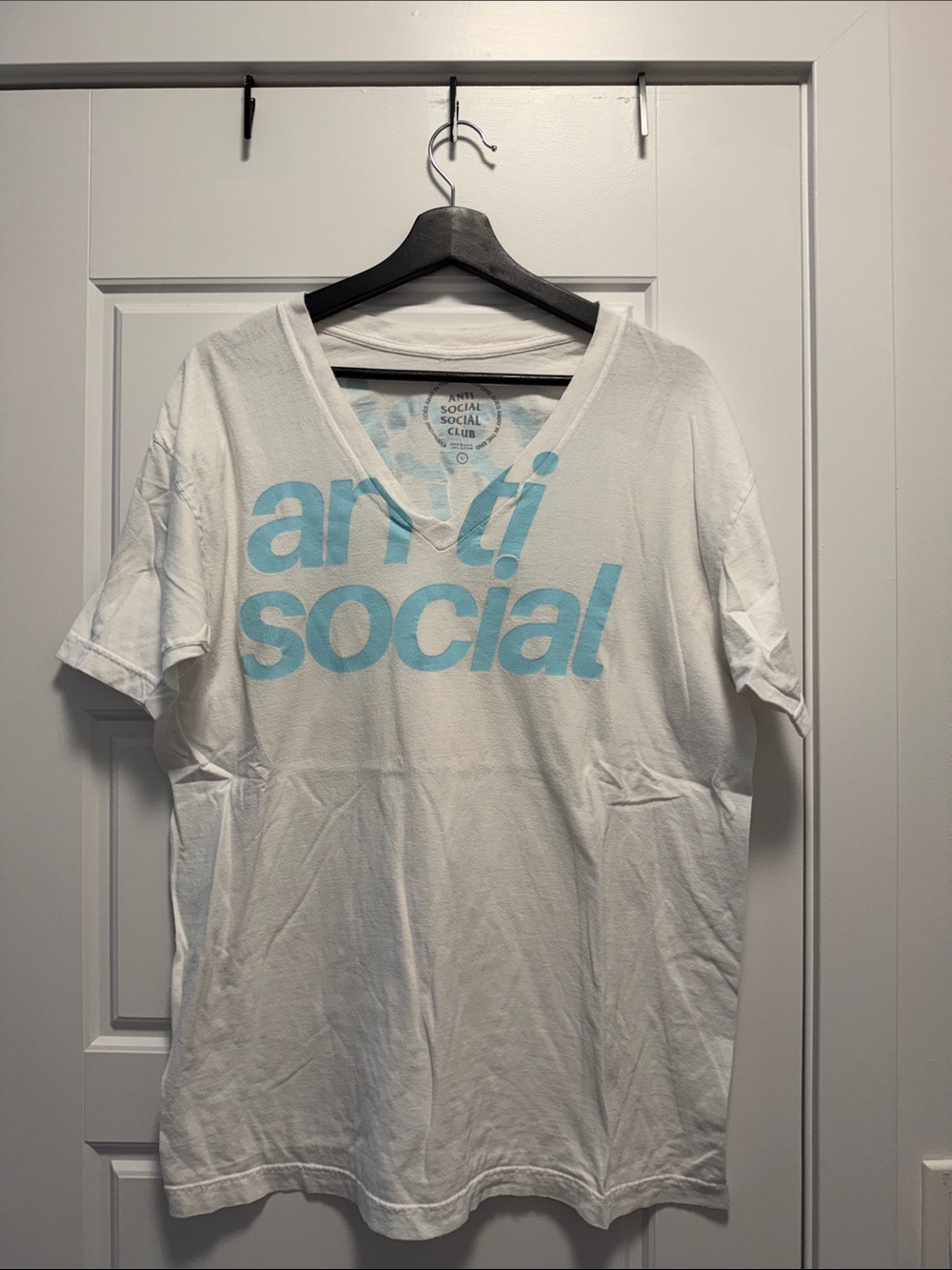 Anti Social Social Club White V-Neck Tee with Light Blue Logo